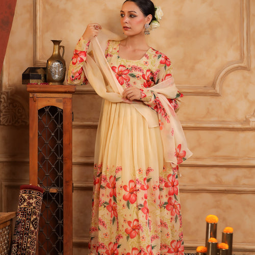 Cream Organza Anarkali Suit Set