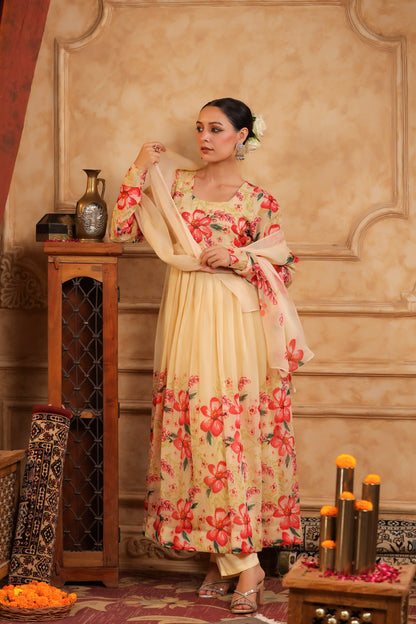 Cream Organza Anarkali Suit Set