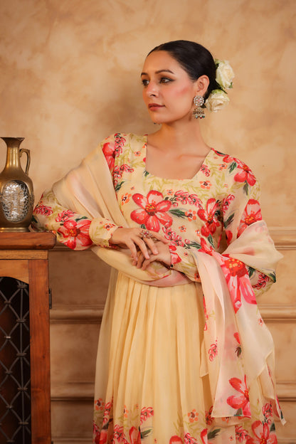 Cream Organza Anarkali Suit Set