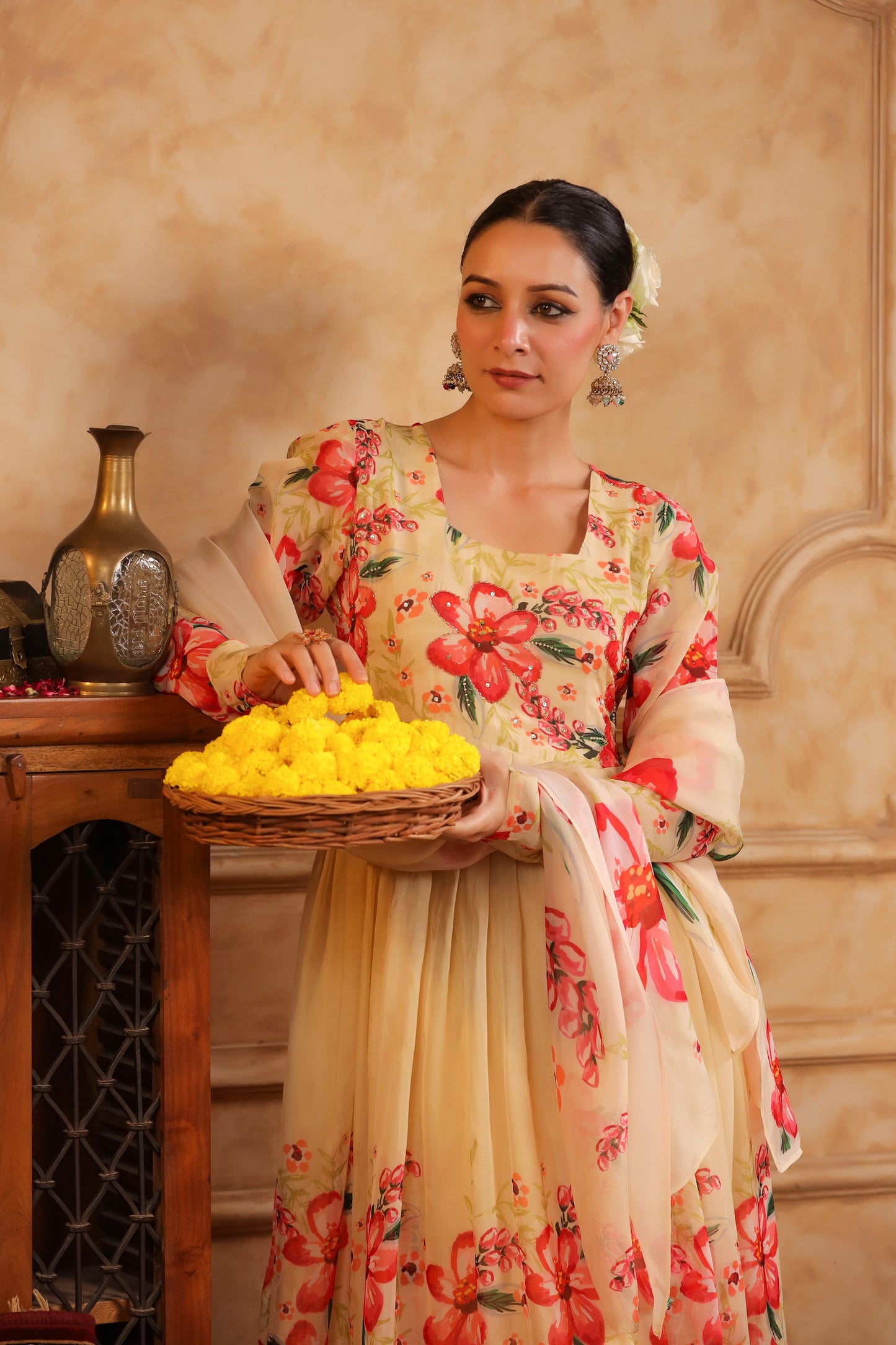 Cream Organza Anarkali Suit Set