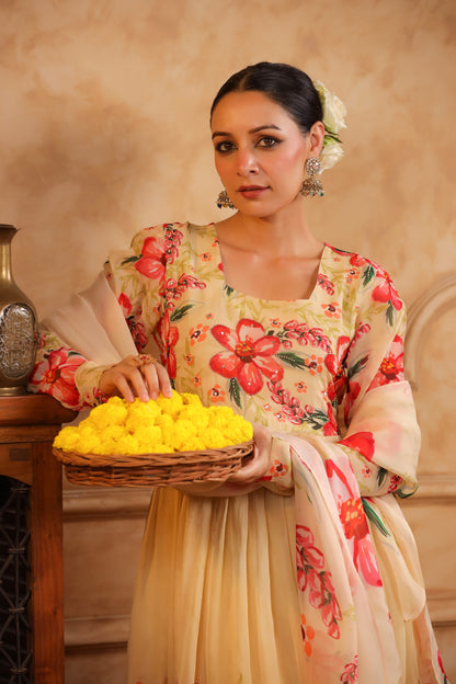 Cream Organza Anarkali Suit Set