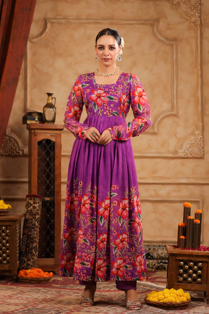 Purple Organza Anarkali Suit Set