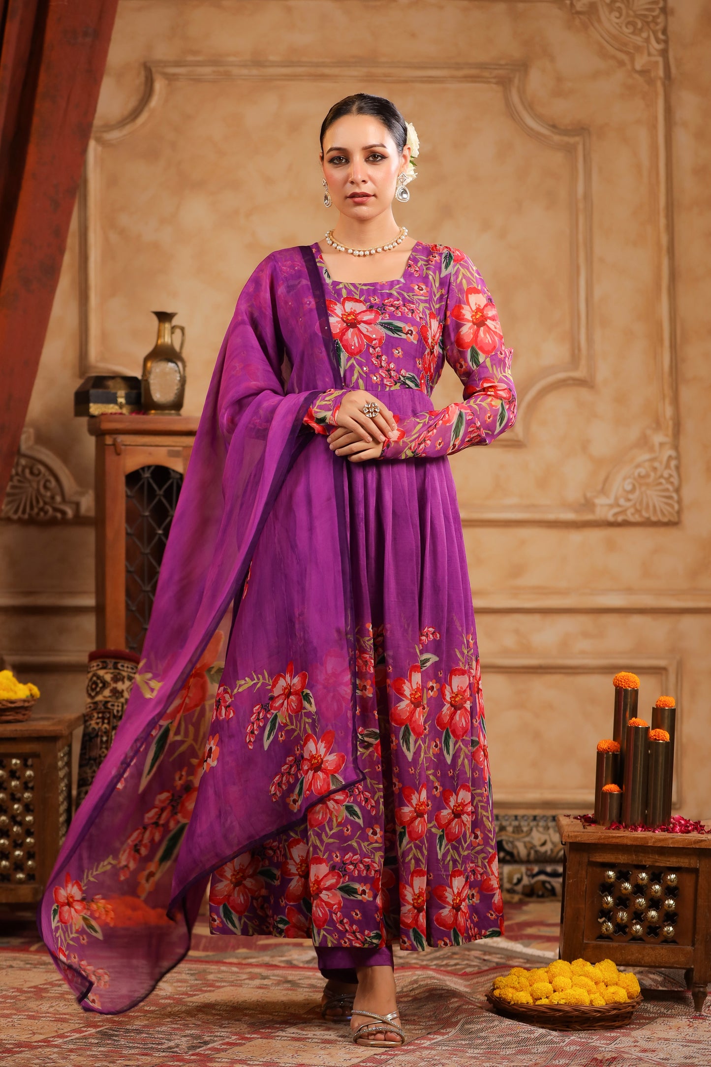 Purple Organza Anarkali Suit Set
