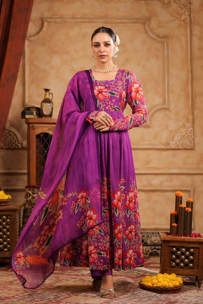 Purple Organza Anarkali Suit Set