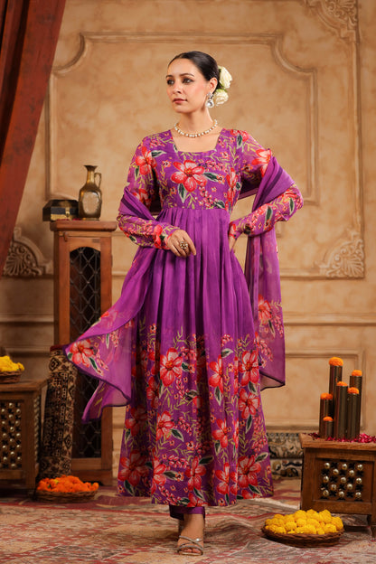 Purple Organza Anarkali Suit Set