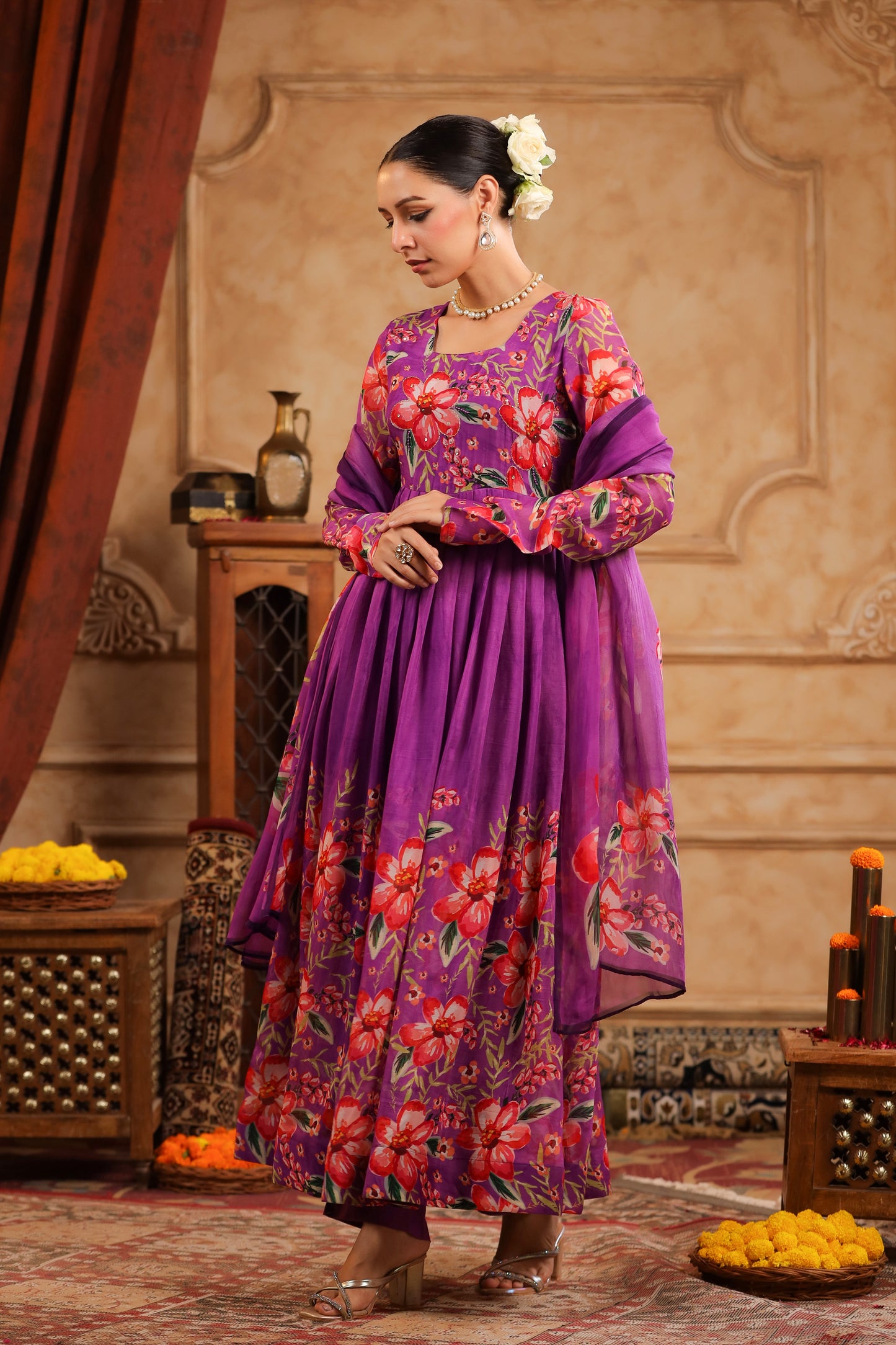Purple Organza Anarkali Suit Set