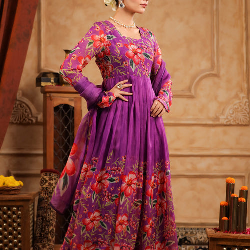 Purple Organza Anarkali Suit Set