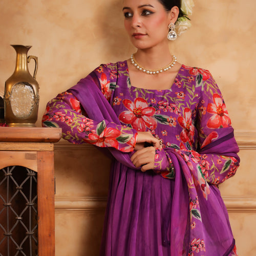 Purple Organza Anarkali Suit Set
