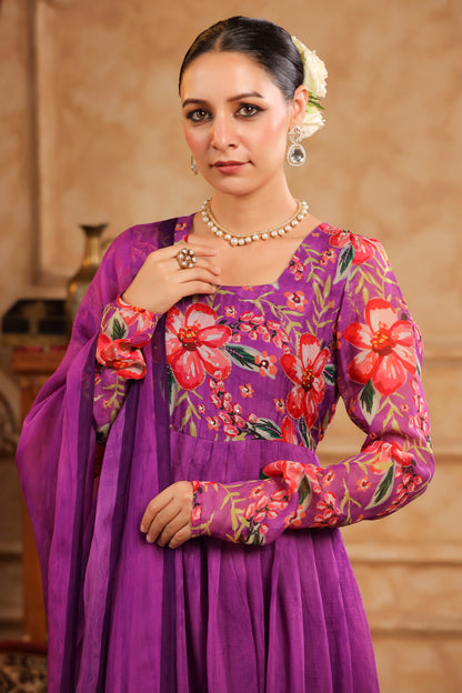 Purple Organza Anarkali Suit Set