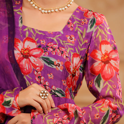 Purple Organza Anarkali Suit Set