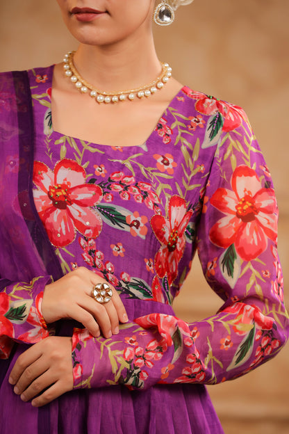 Purple Organza Anarkali Suit Set