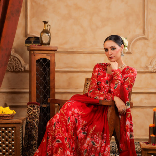 Red Organza Anarkali Suit Set