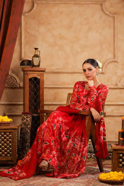 Red Organza Anarkali Suit Set