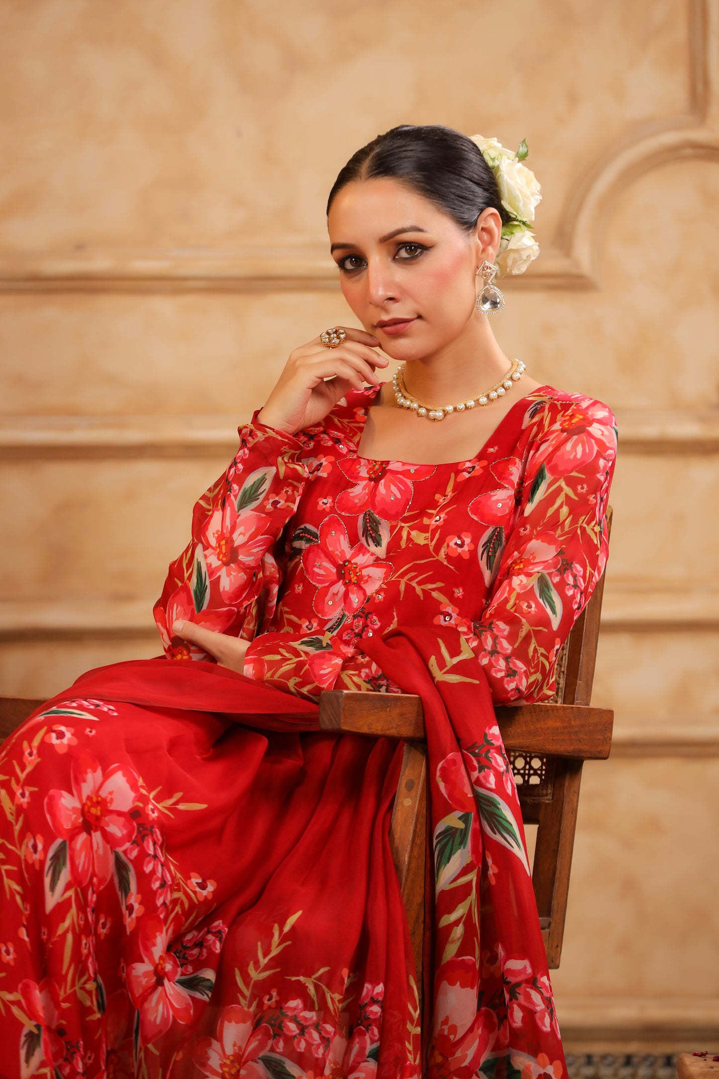Red Organza Anarkali Suit Set