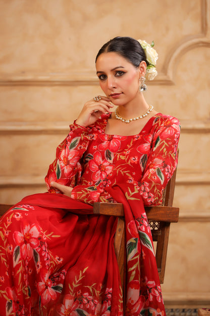 Red Organza Anarkali Suit Set