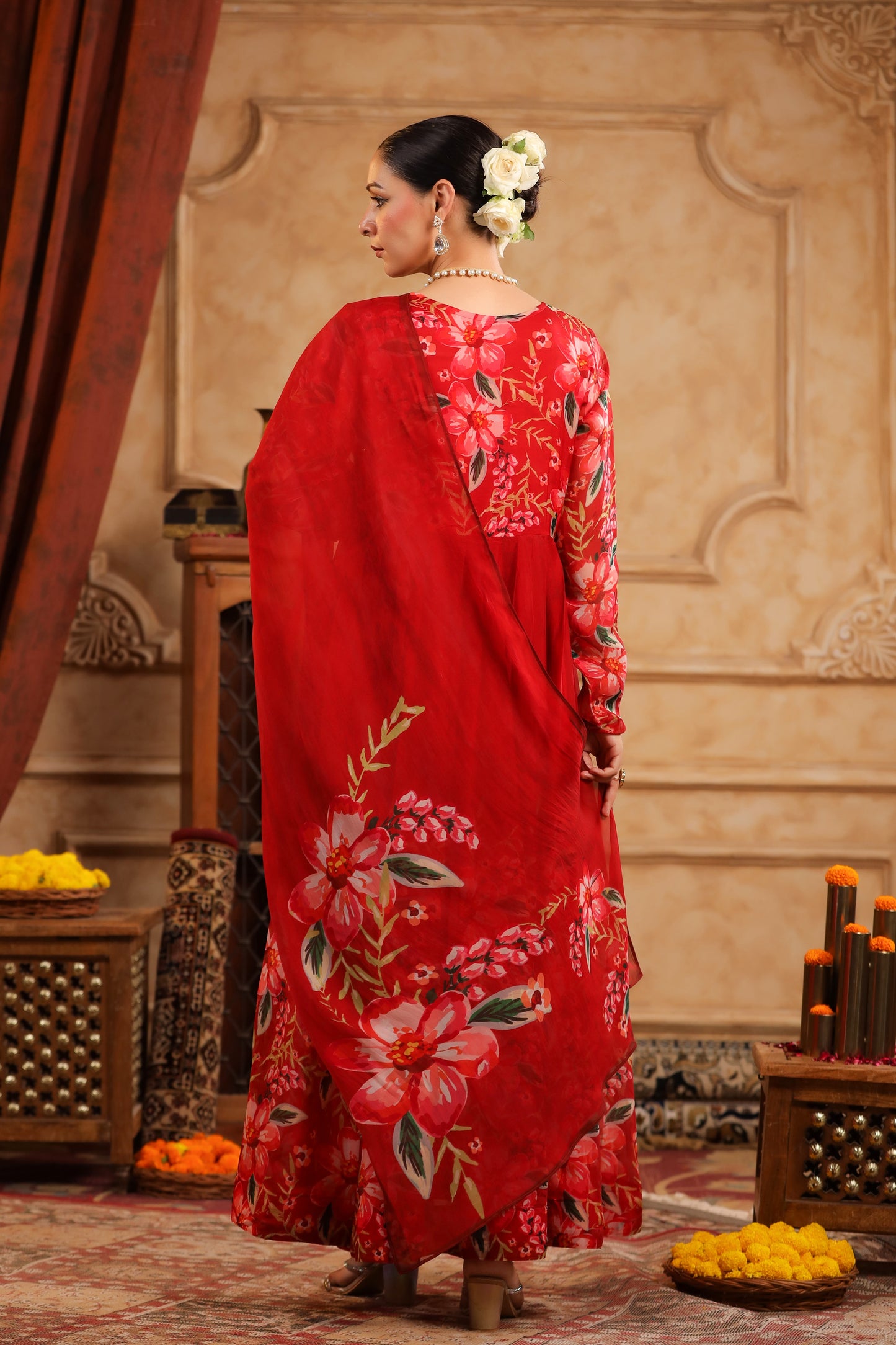 Red Organza Anarkali Suit Set