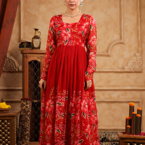 Red Organza Anarkali Suit Set