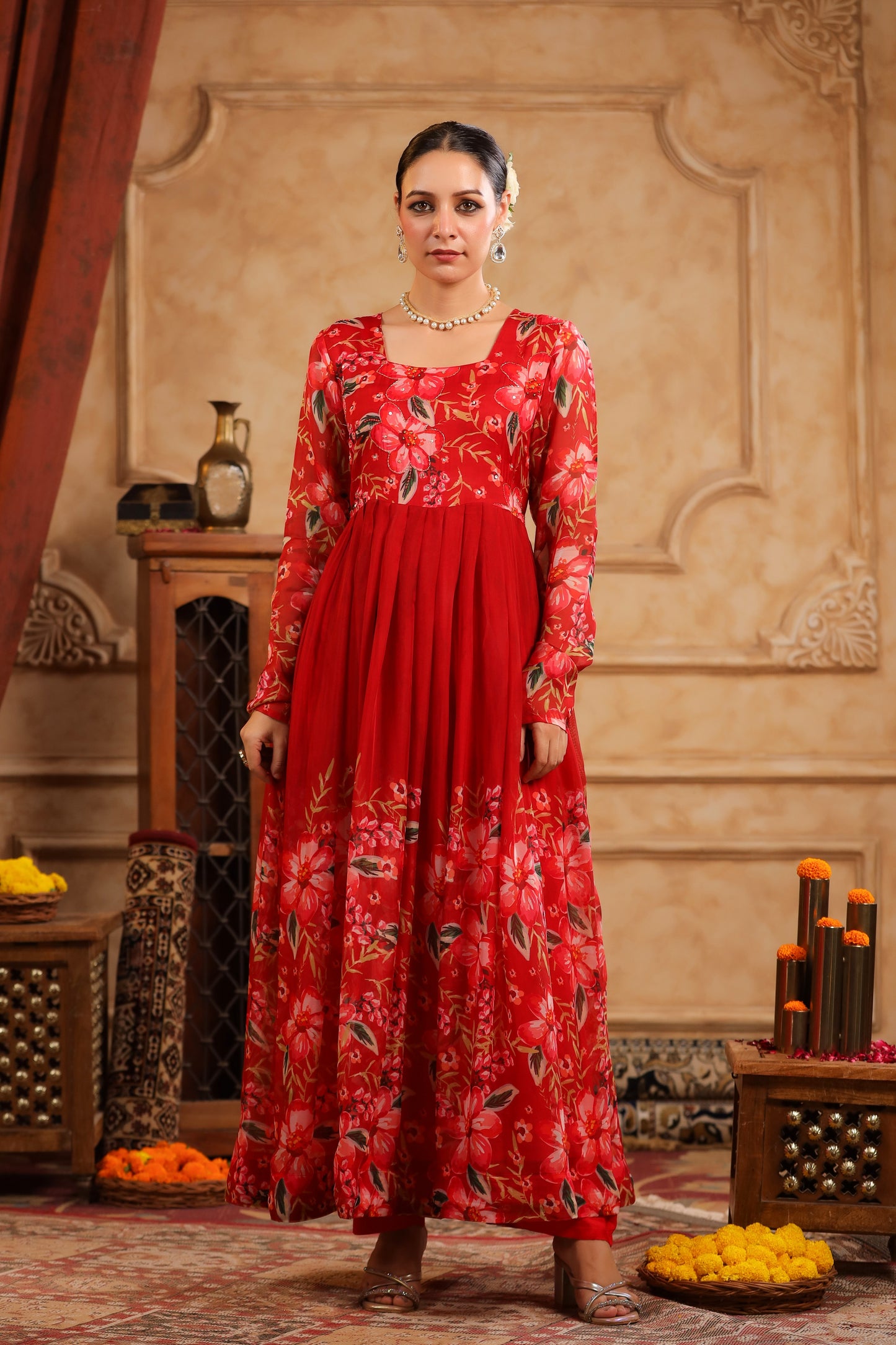 Red Organza Anarkali Suit Set