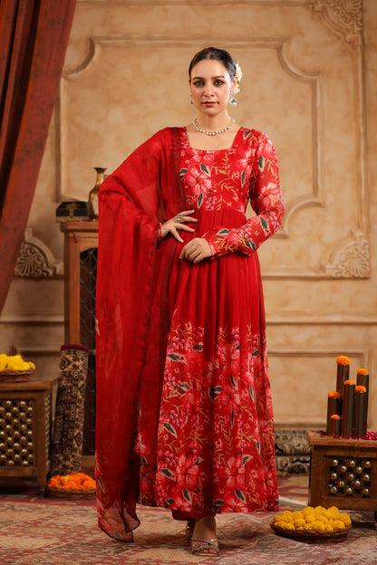 Red Organza Anarkali Suit Set