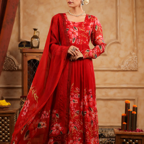 Red Organza Anarkali Suit Set