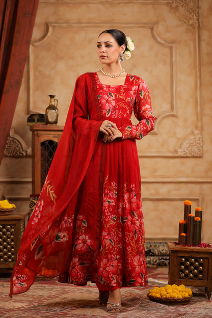Red Organza Anarkali Suit Set