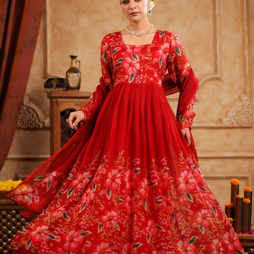 Red Organza Anarkali Suit Set