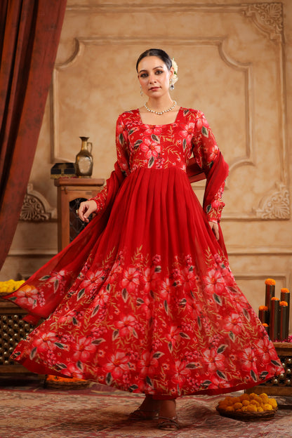 Red Organza Anarkali Suit Set