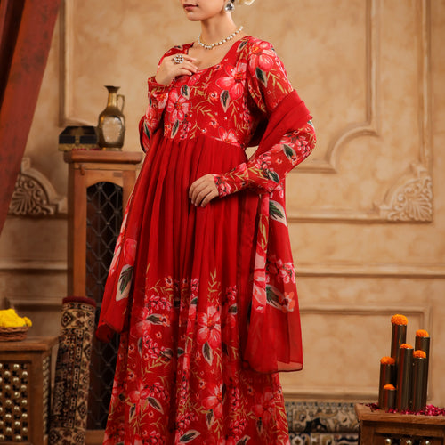 Red Organza Anarkali Suit Set
