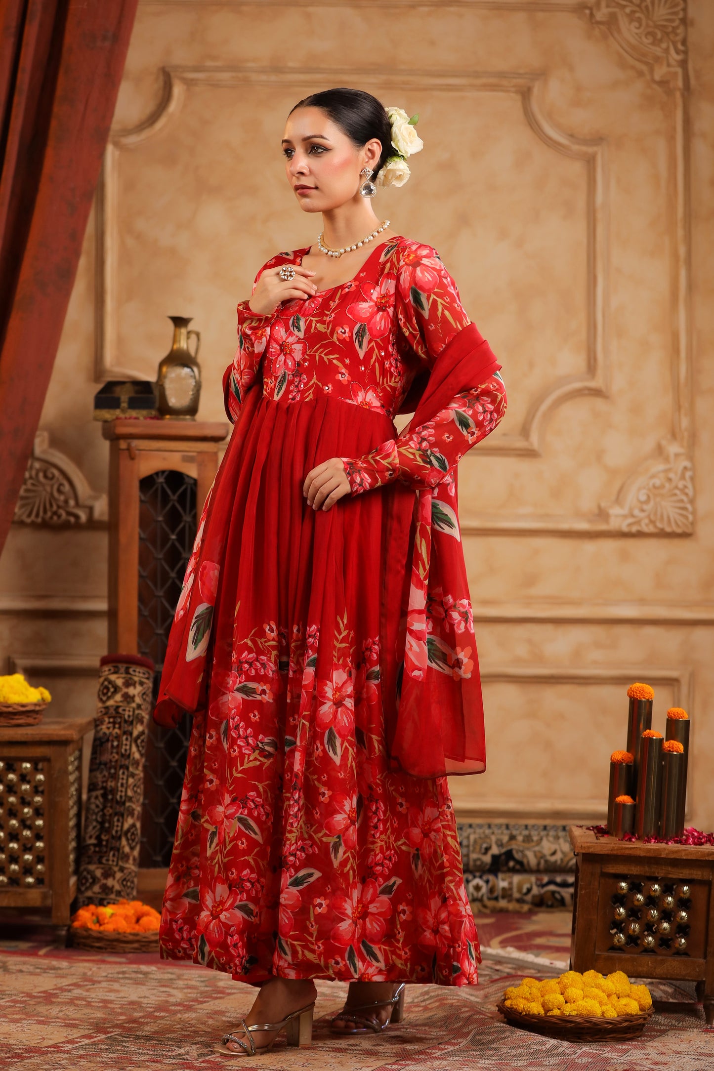 Red Organza Anarkali Suit Set