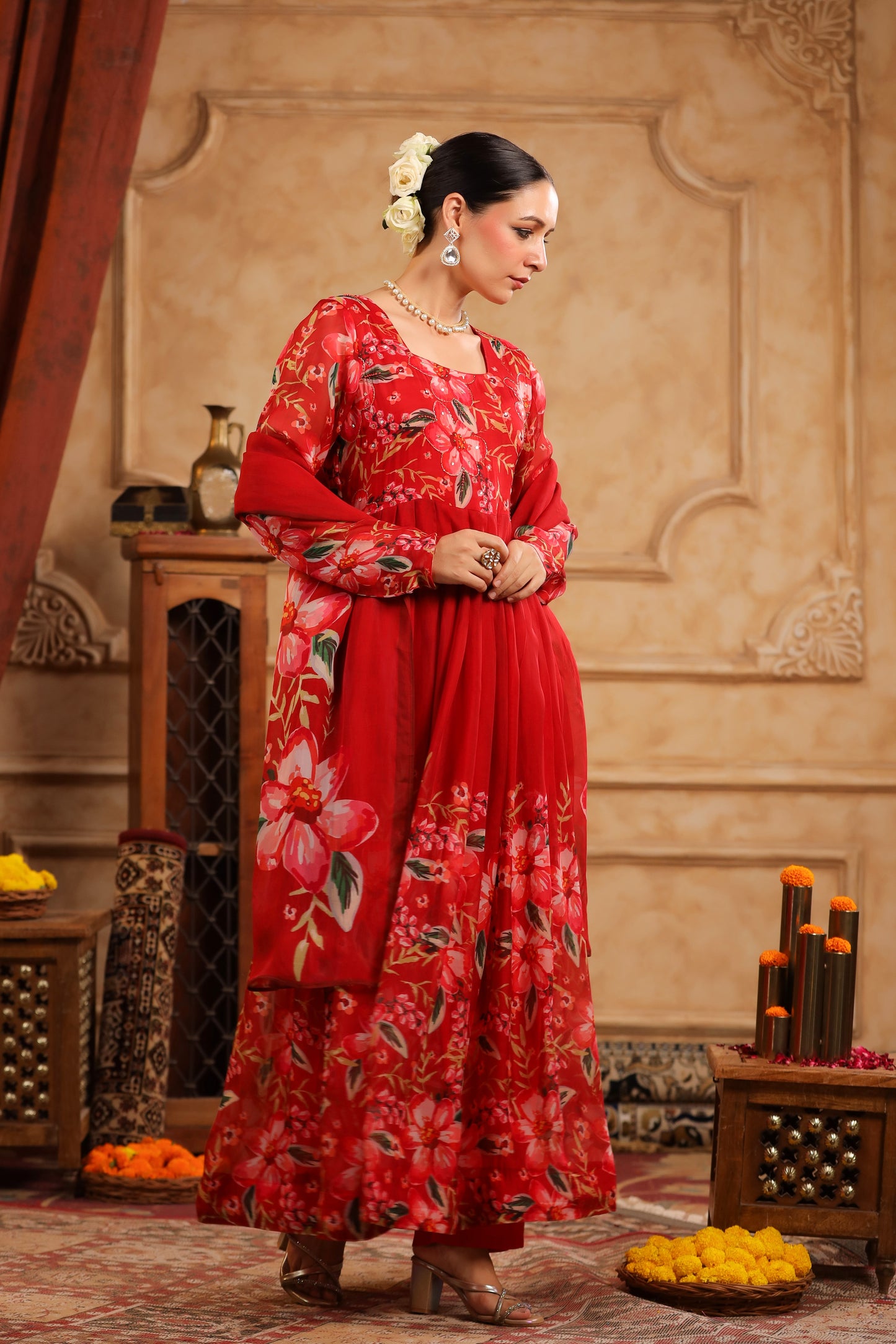 Red Organza Anarkali Suit Set