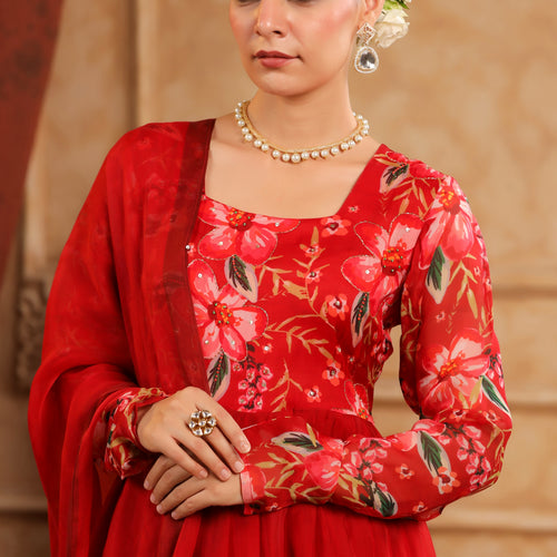 Red Organza Anarkali Suit Set