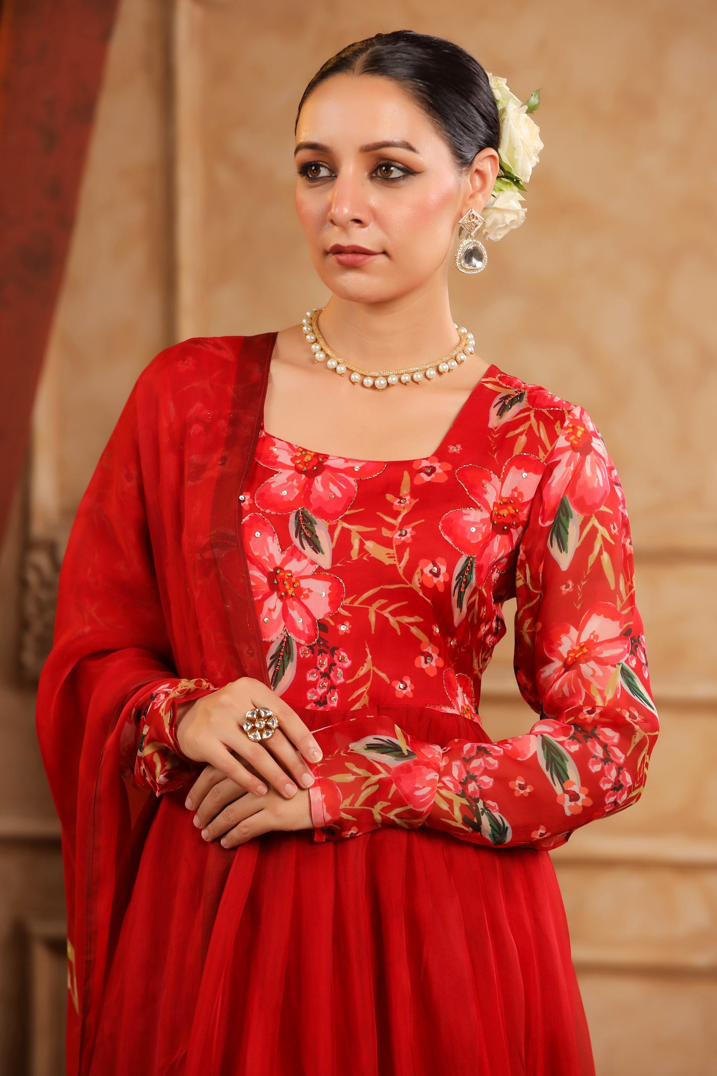 Red Organza Anarkali Suit Set