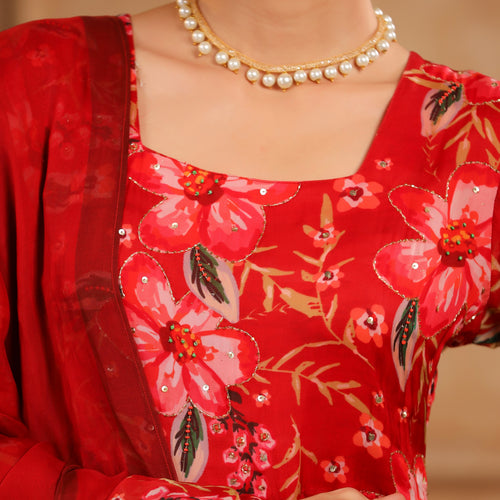 Red Organza Anarkali Suit Set