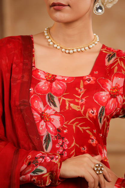 Red Organza Anarkali Suit Set