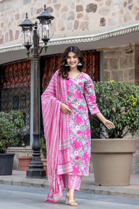 Rose Pink Floral Cotton Suit Set