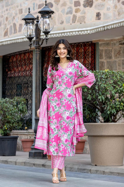 Rose Pink Floral Cotton Suit Set
