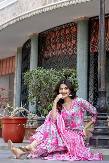 Rose Pink Floral Cotton Suit Set