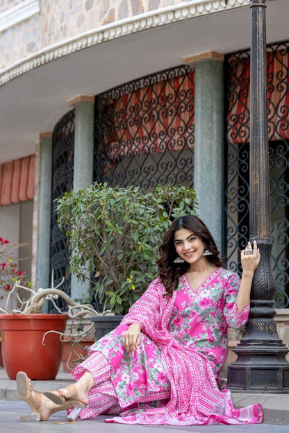Rose Pink Floral Cotton Suit Set