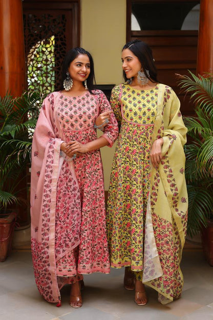 Yellow Floral Embroidered Suit Set