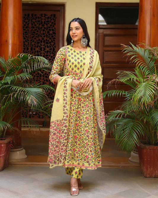 Yellow Floral Embroidered Suit Set