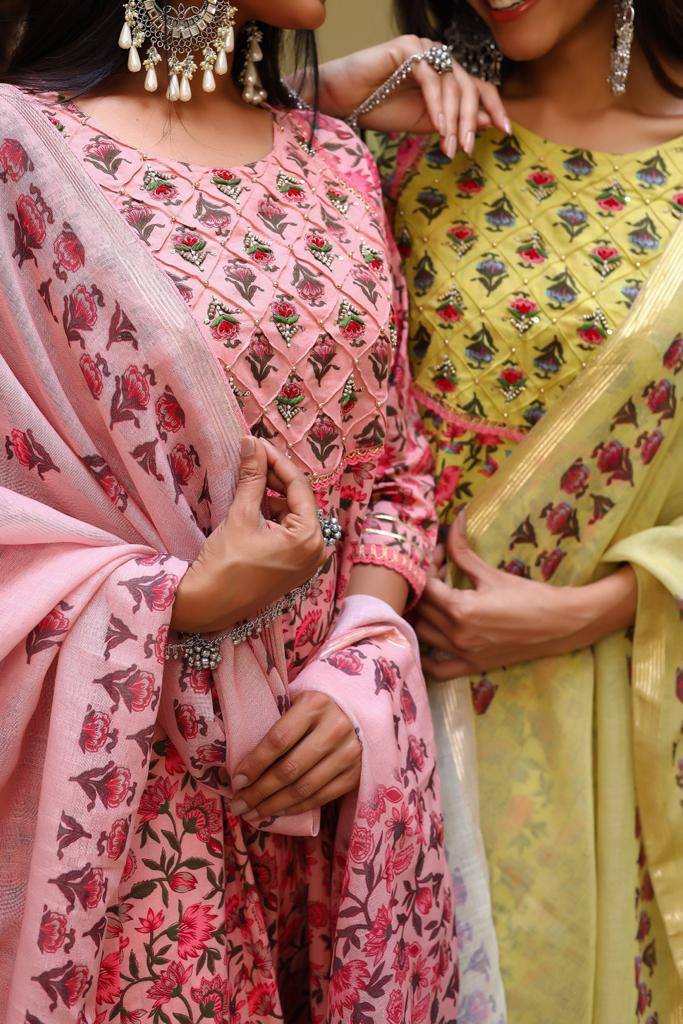 Peach Floral Embroidered Suit Set