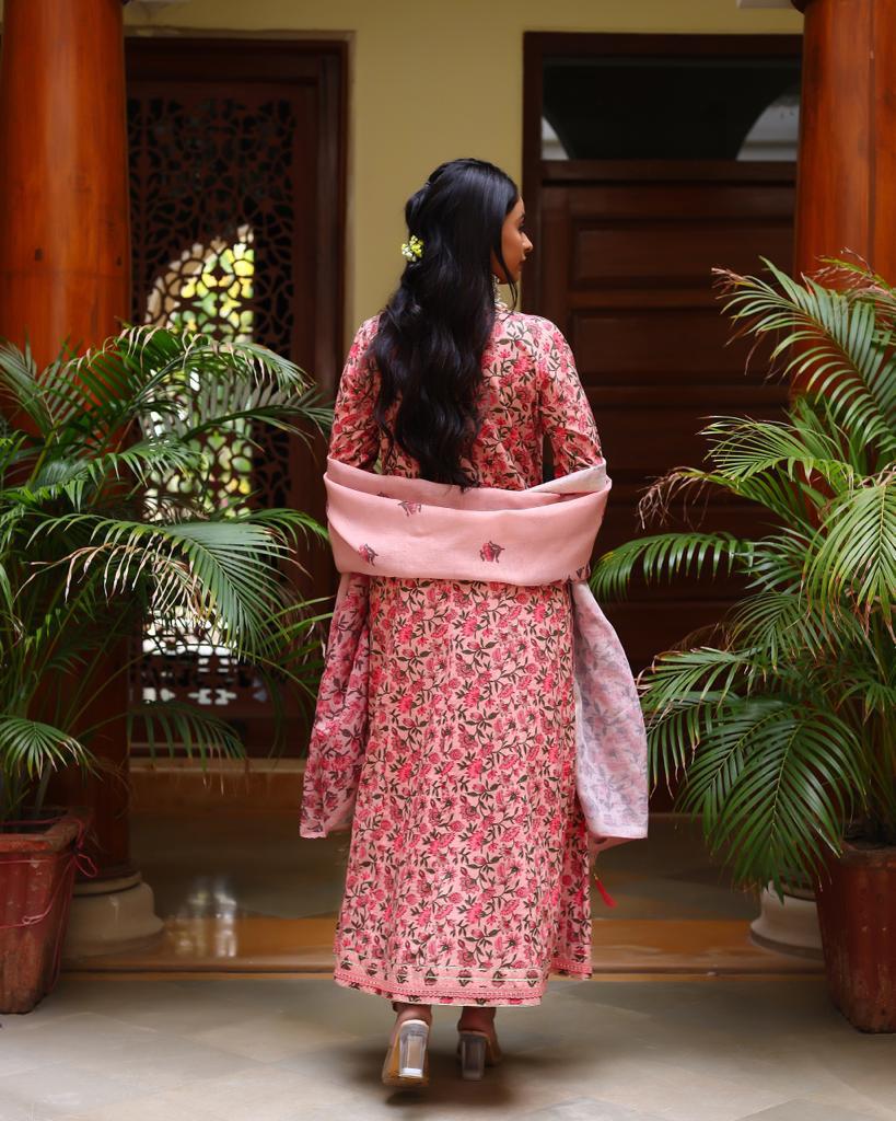 Peach Floral Embroidered Suit Set