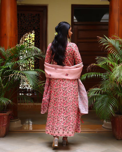 Peach Floral Embroidered Suit Set