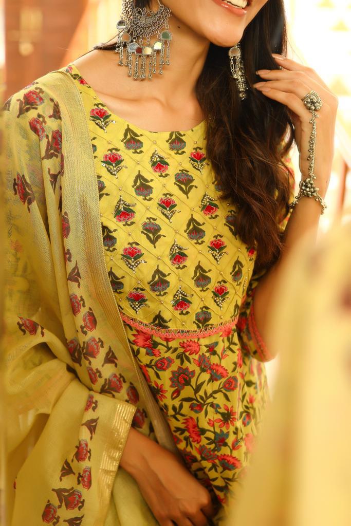 Yellow Floral Embroidered Suit Set