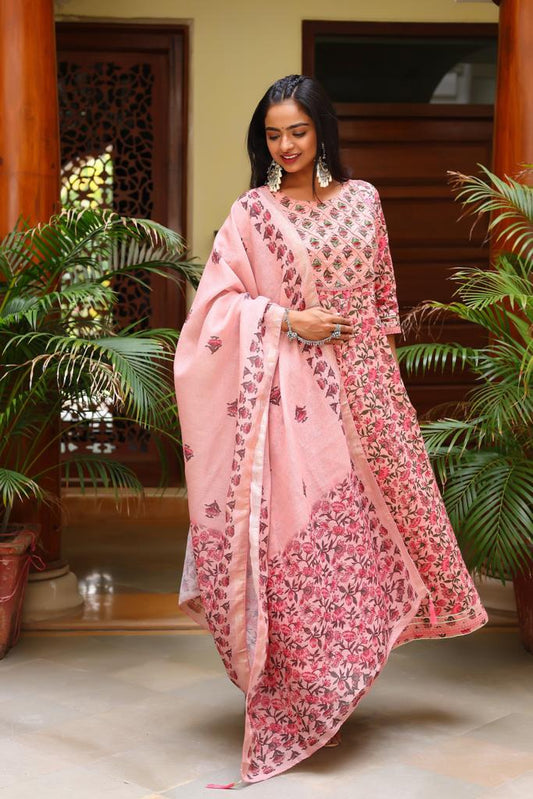 Peach Floral Embroidered Suit Set