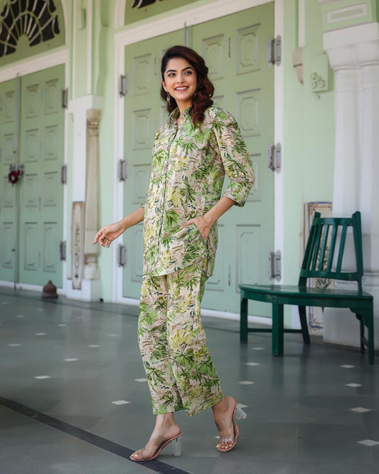 Green Floral Hand-embroidered Co-ord Set
