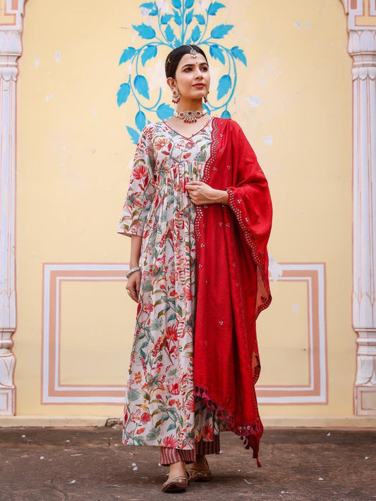 Ivory-red Embroidered Anarkali Suit Set