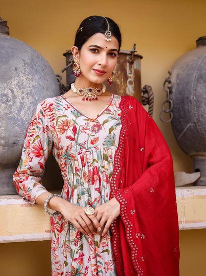 Ivory-red Embroidered Anarkali Suit Set