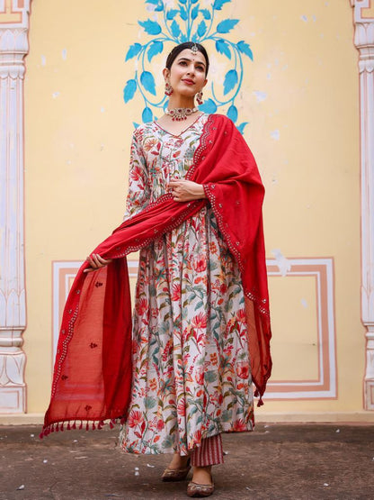 Ivory-red Embroidered Anarkali Suit Set