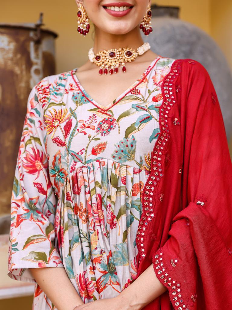 Ivory-red Embroidered Anarkali Suit Set